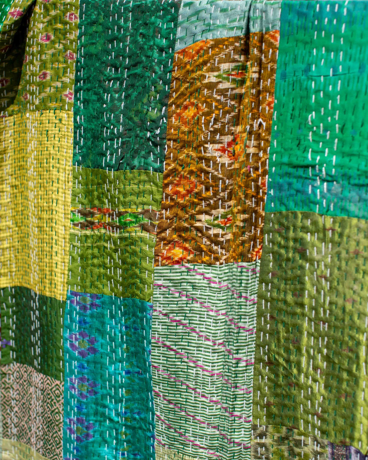 Green Patola Sari Kantha Throw 220 x 270cm