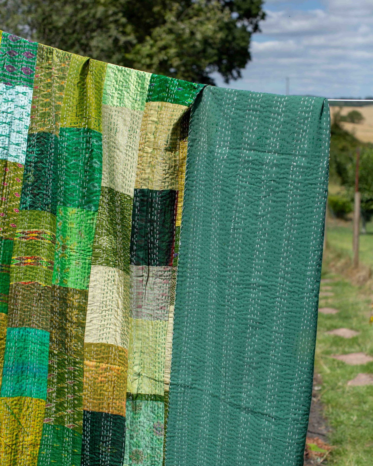 Green Patola Sari Kantha Throw 220 x 270cm