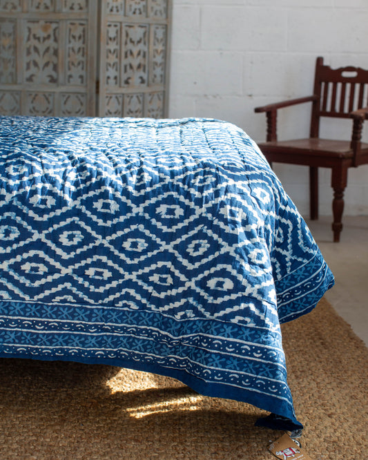 Print Block Padded Quilt - Indigo Marden