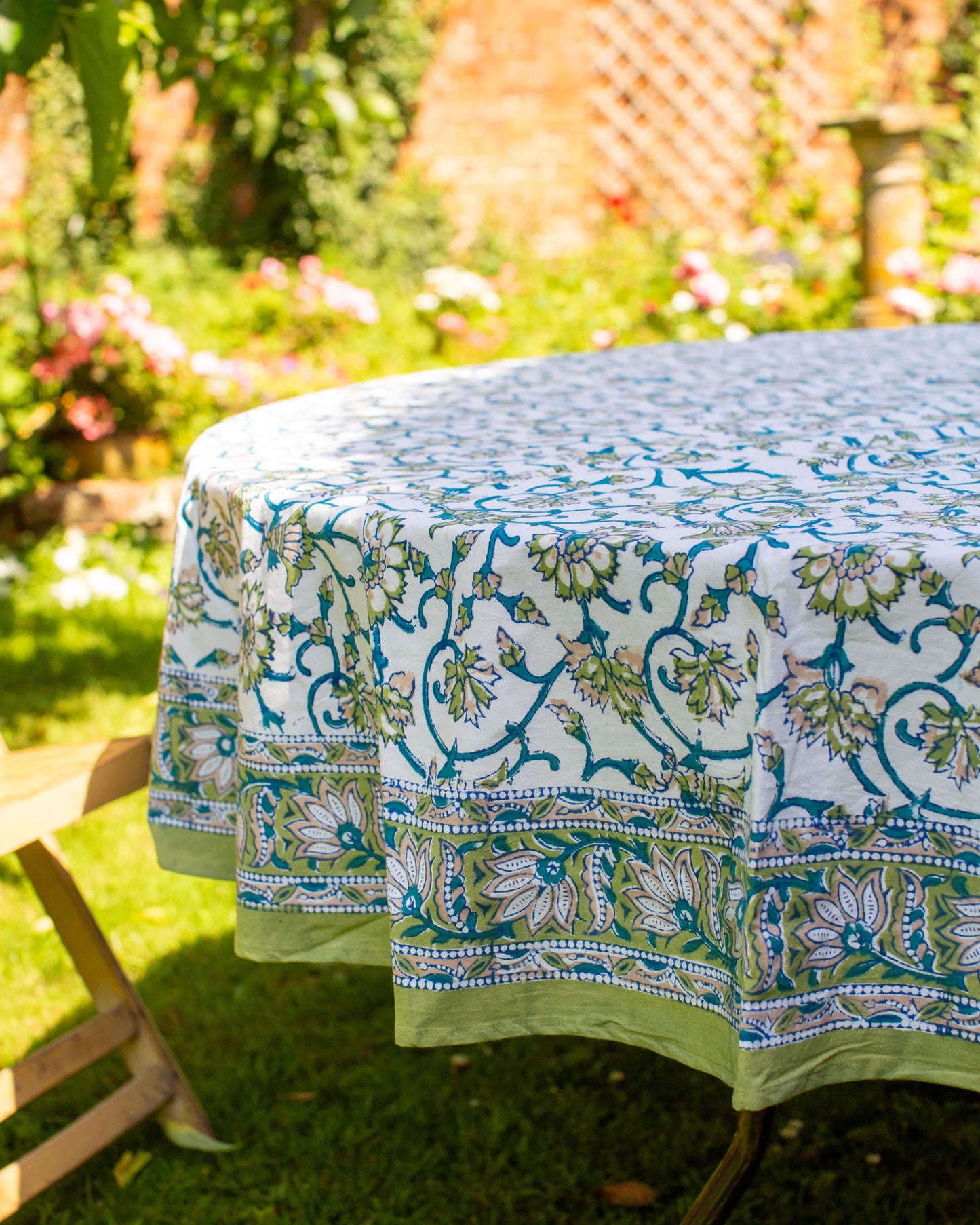 Green Block Print Round Tablecloth