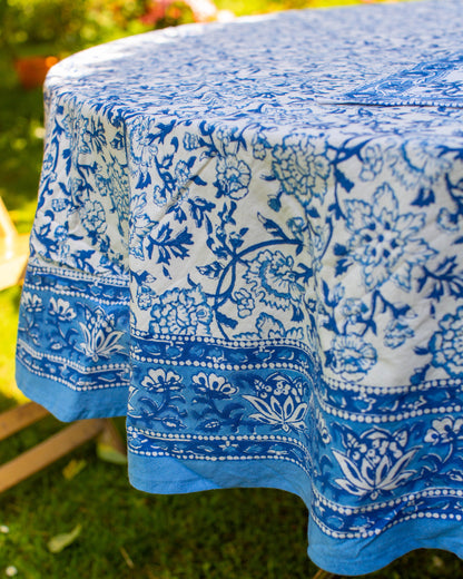 Blue & White Block Print Round Tablecloth