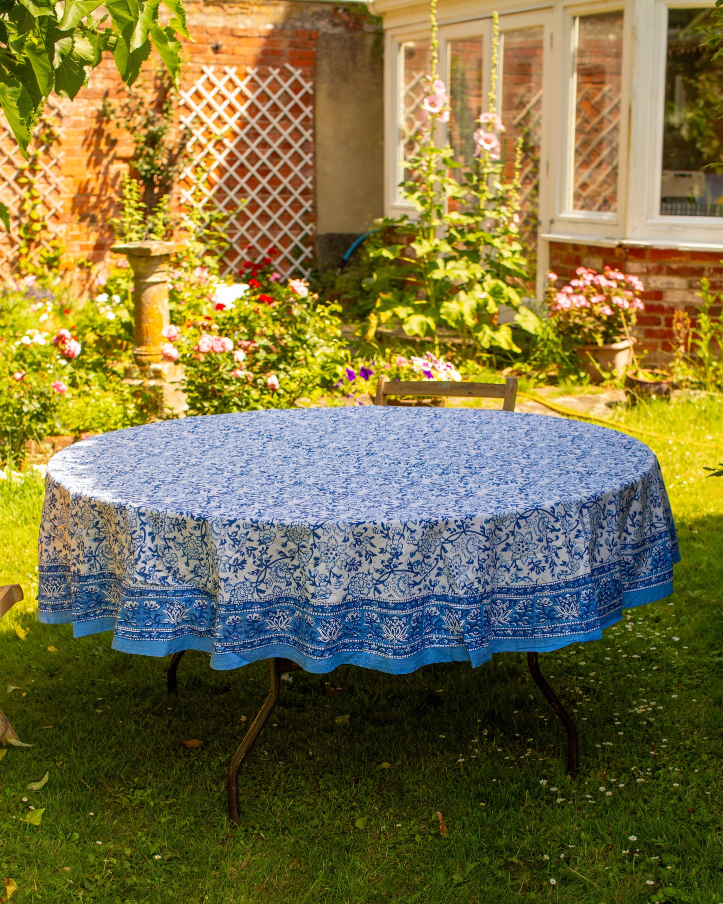 Blue & White Block Print Round Tablecloth