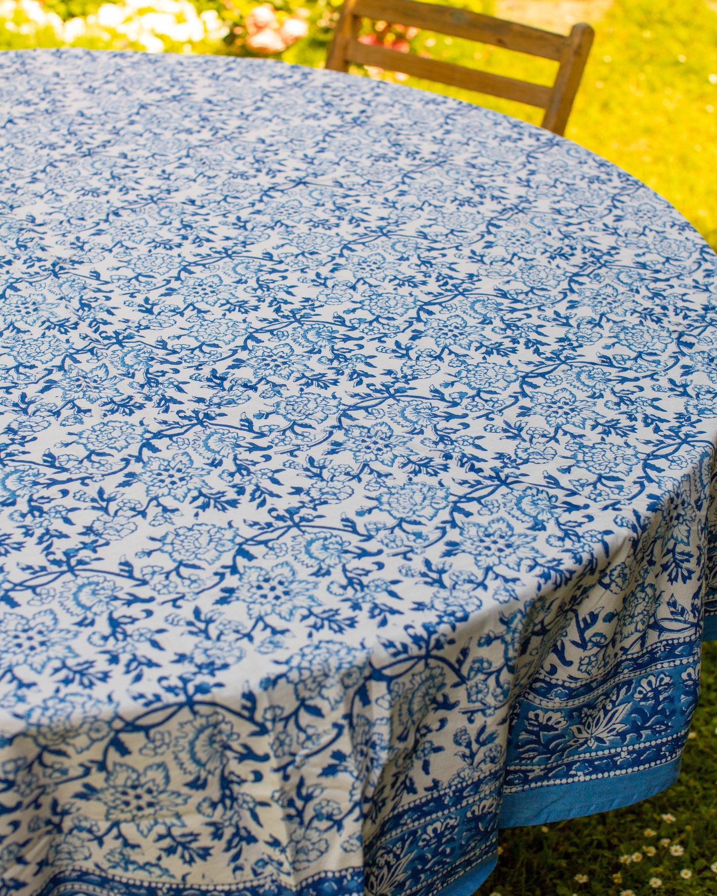 Blue & White Block Print Round Tablecloth