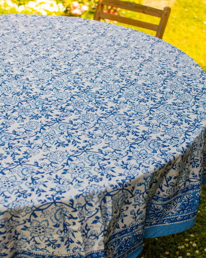 Blue & White Block Print Round Tablecloth