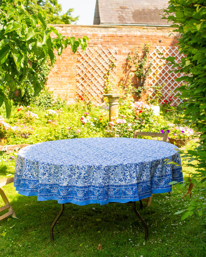 Blue & White Block Print Round Tablecloth