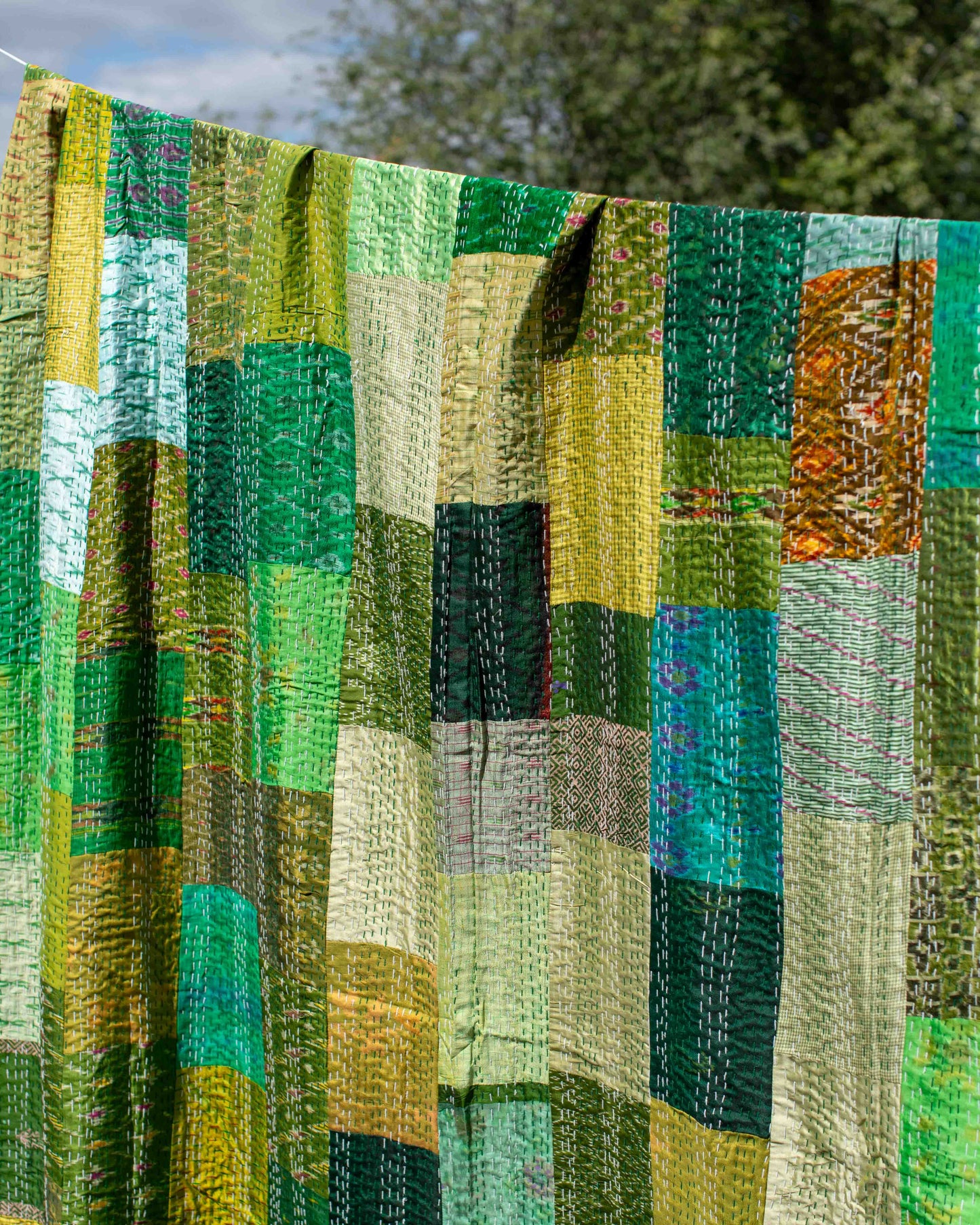 Green Patola Sari Kantha Throw 220 x 270cm