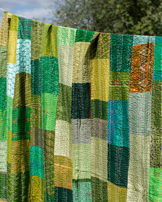 Green Patola Sari Kantha Throw 220 x 270cm