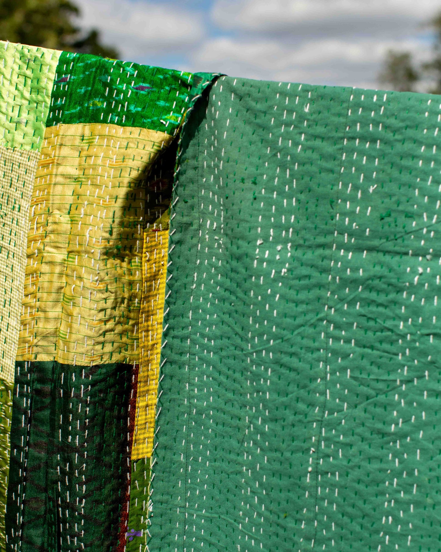 Green Patola Sari Kantha Throw 220 x 270cm