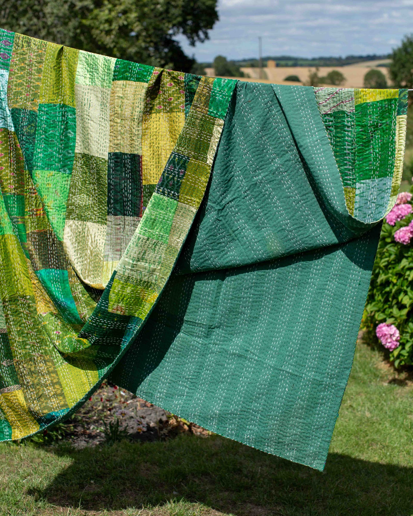Green Patola Sari Kantha Throw 220 x 270cm