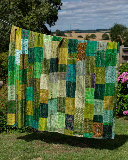 Green Patola Sari Kantha Throw 220 x 270cm
