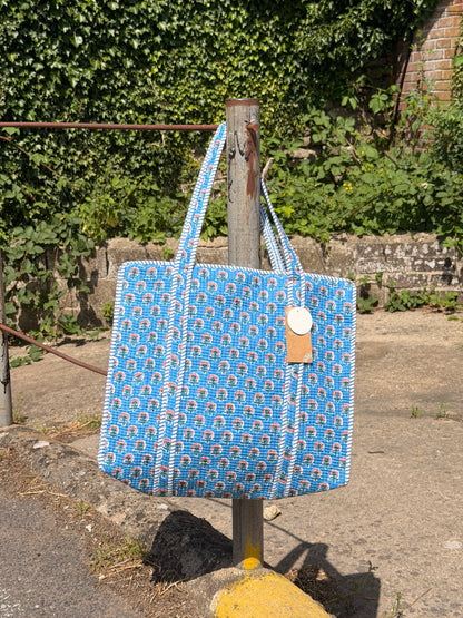 Blue & Pink Large Quilted Tote Bag