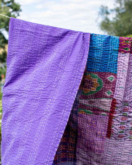Purple Patola Sari Kantha Throw 220 x 270cm