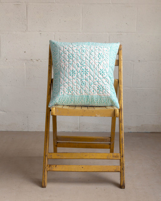 Turquoise Print Block Cushion Cover