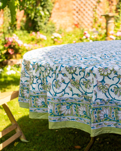 Green Block Print Round Tablecloth