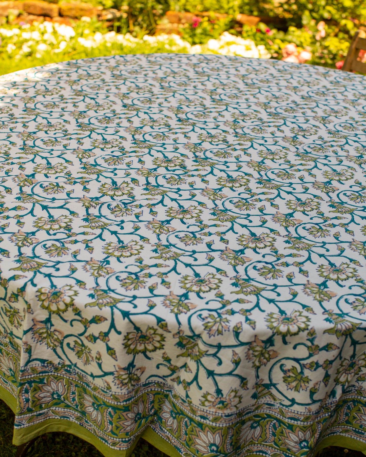 Green Block Print Round Tablecloth