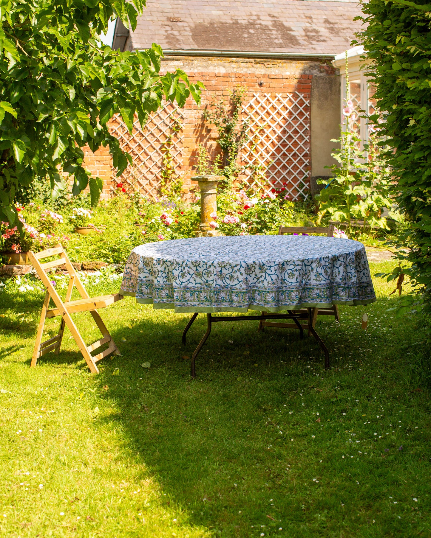 Green Block Print Round Tablecloth