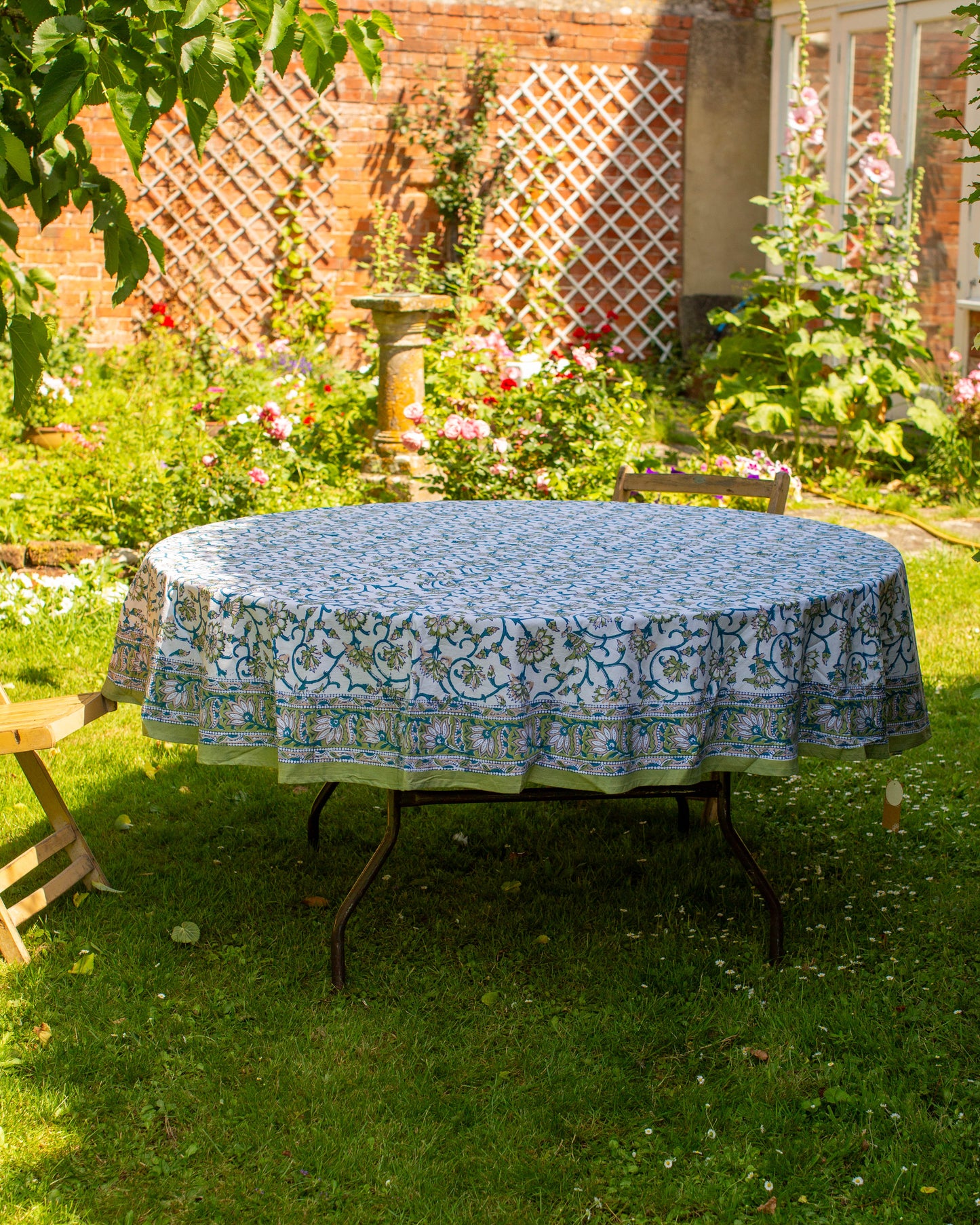Green Block Print Round Tablecloth