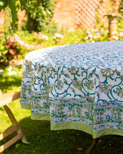 Green Block Print Round Tablecloth