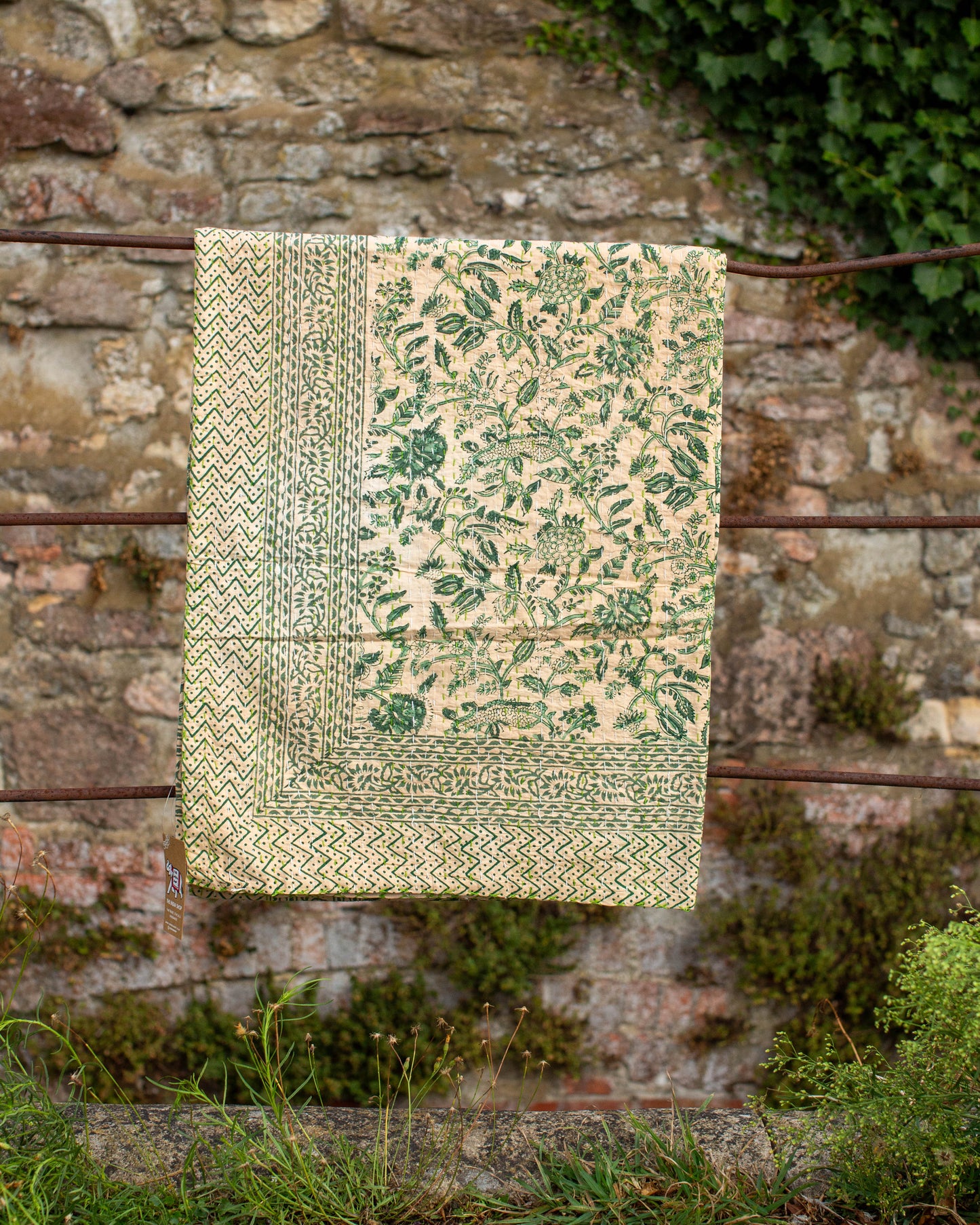 Green Floral Gudri Kantha Throw