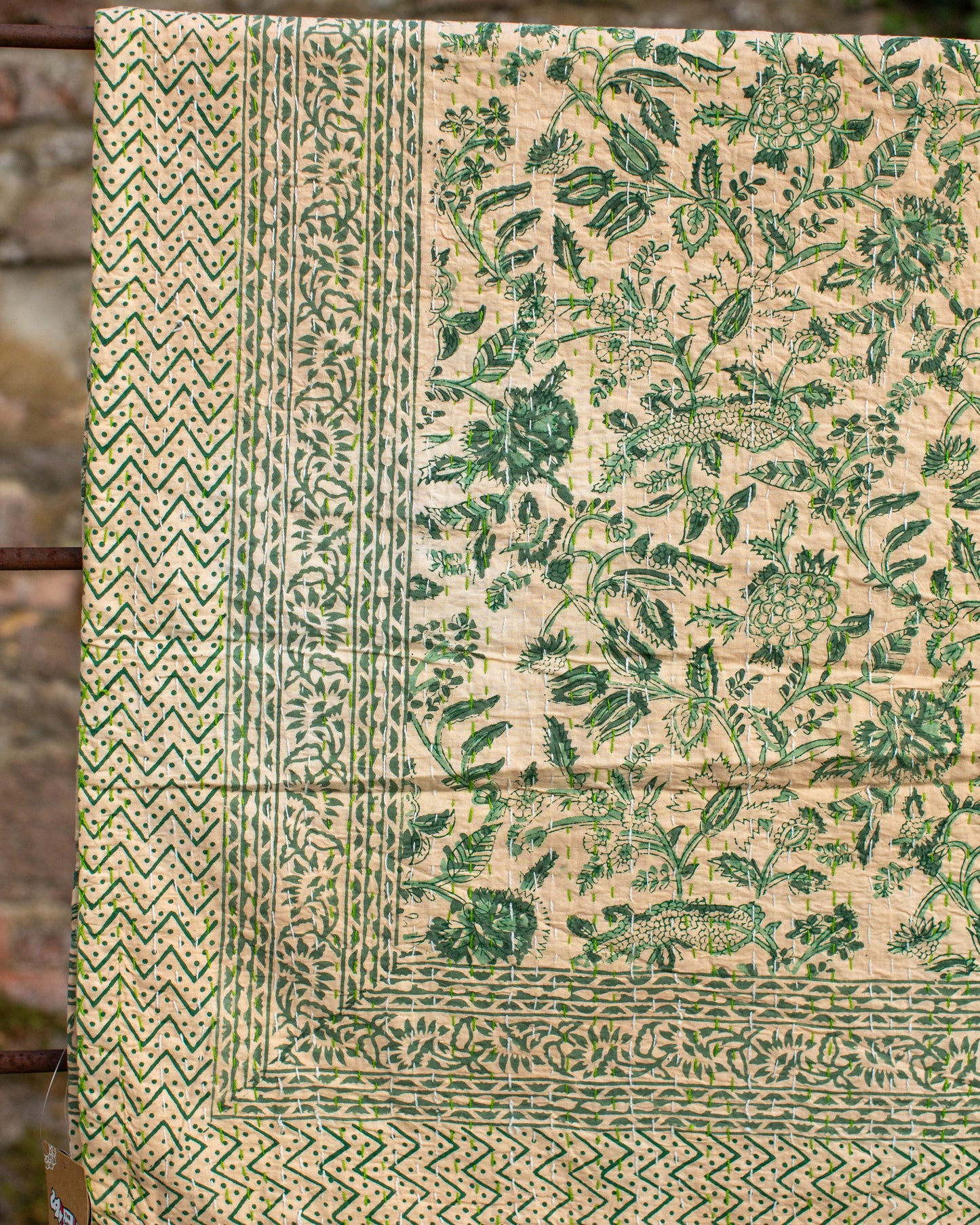 Green Floral Gudri Kantha Throw