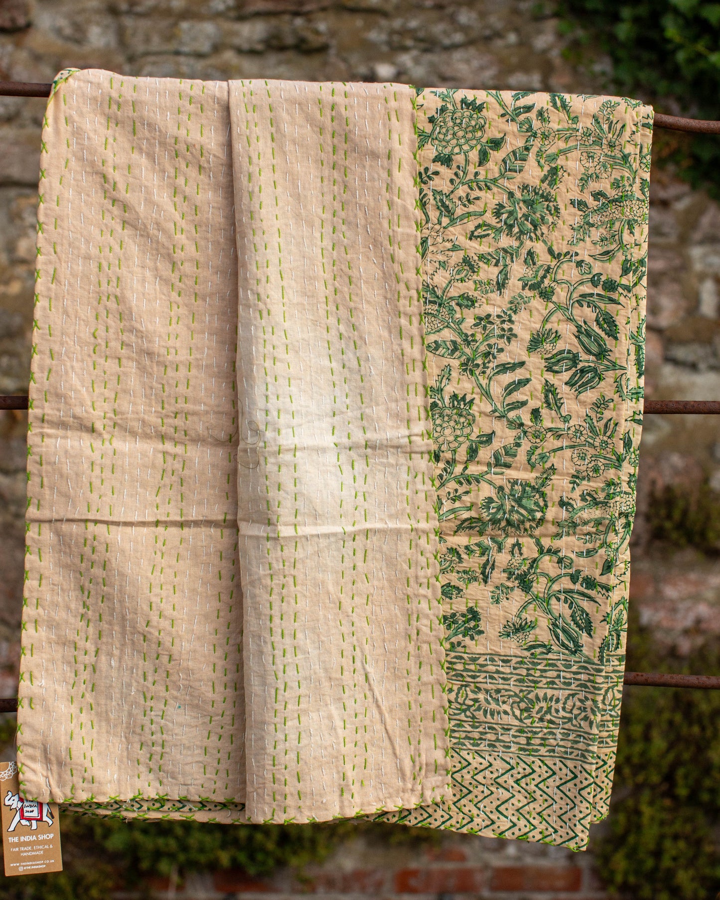Green Floral Gudri Kantha Throw