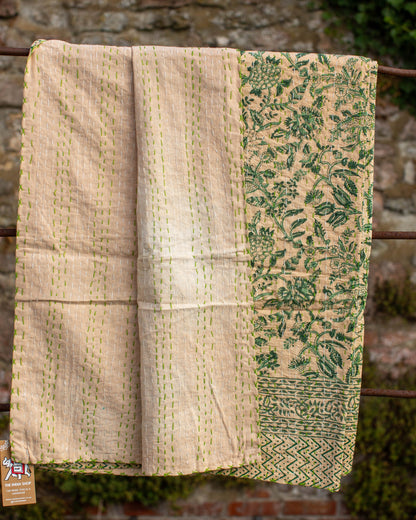 Green Floral Gudri Kantha Throw