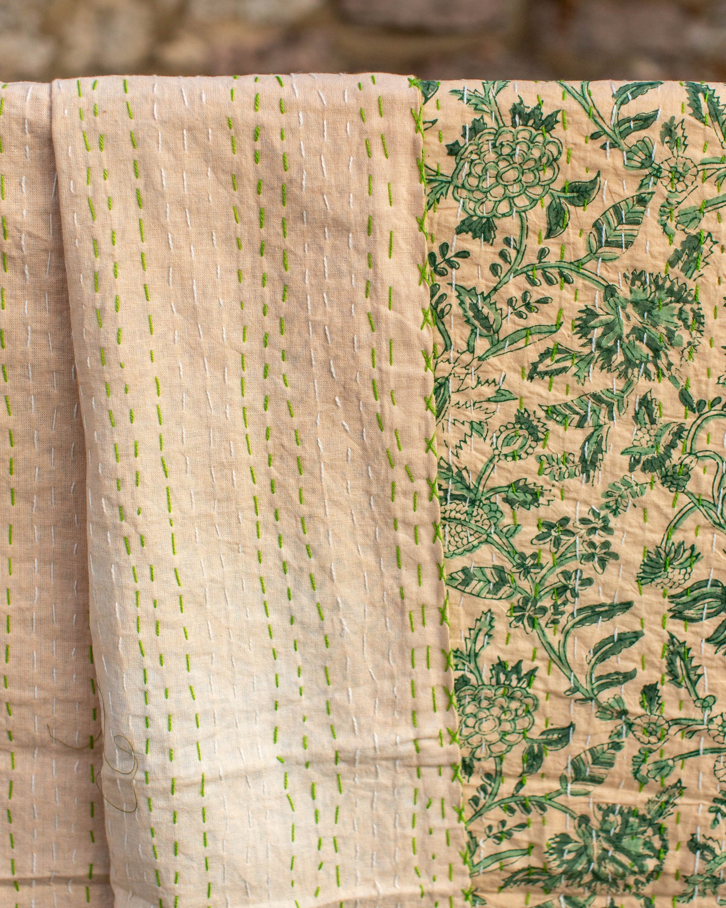 Green Floral Gudri Kantha Throw