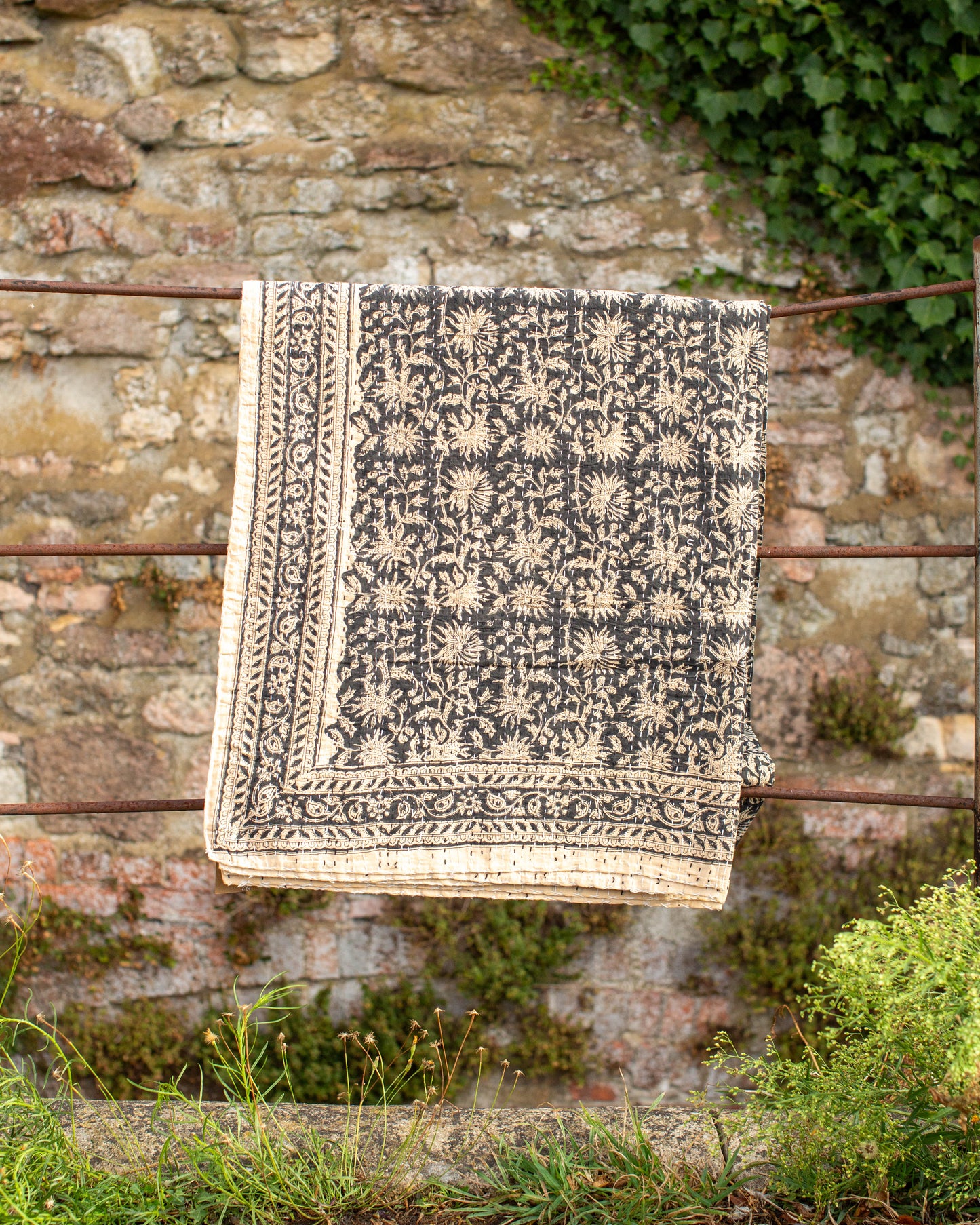 Black Floral Gudri Kantha Throw