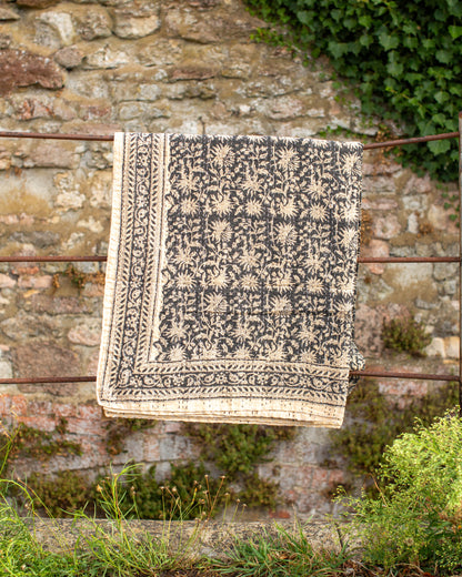 Black Floral Gudri Kantha Throw