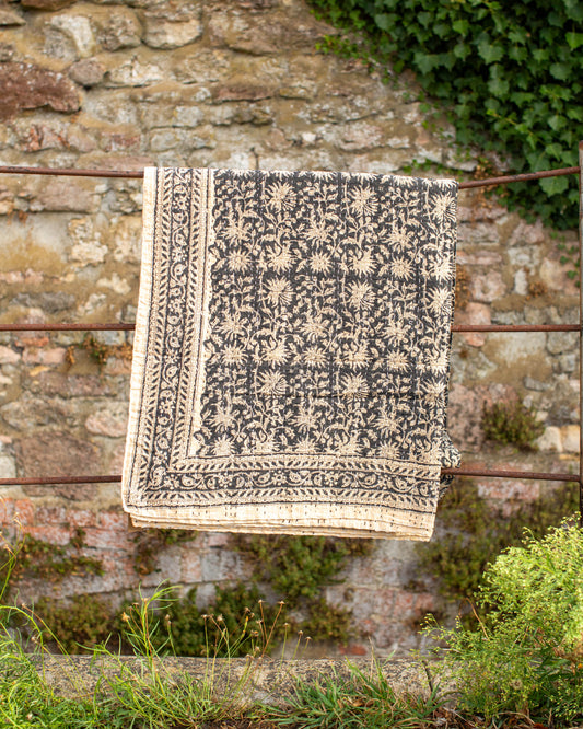 Black Floral Gudri Kantha Throw