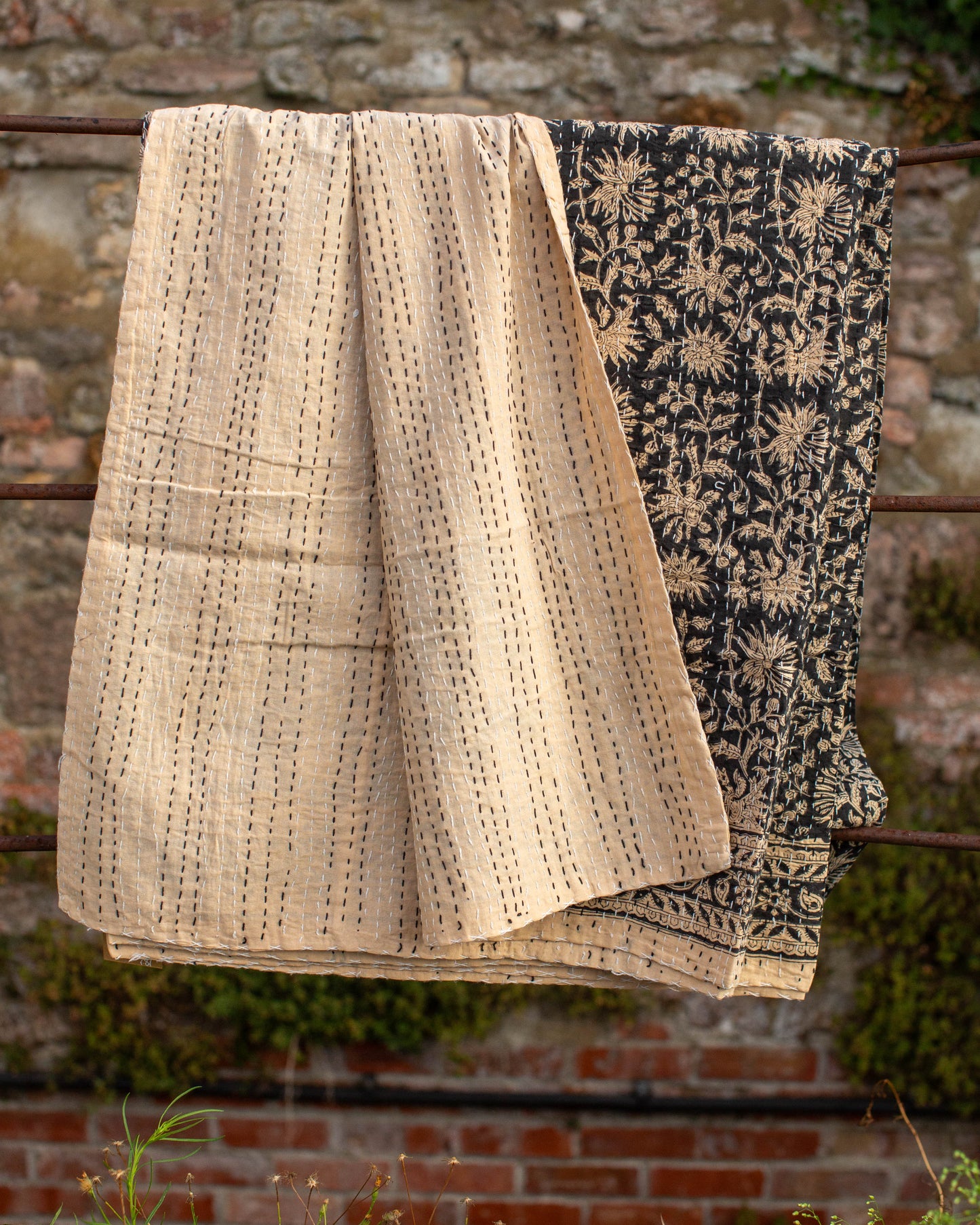 Black Floral Gudri Kantha Throw