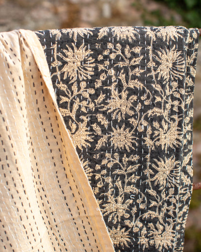 Black Floral Gudri Kantha Throw