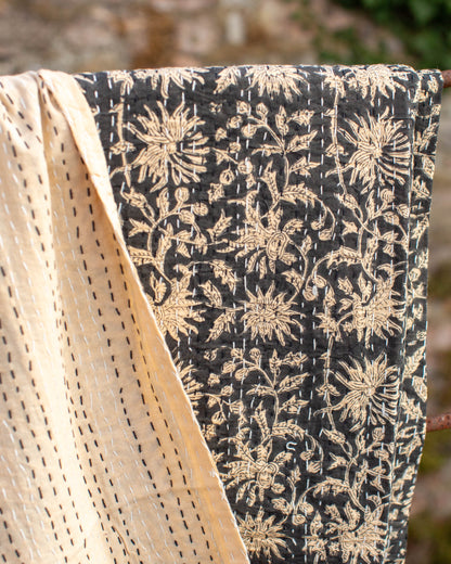 Black Floral Gudri Kantha Throw