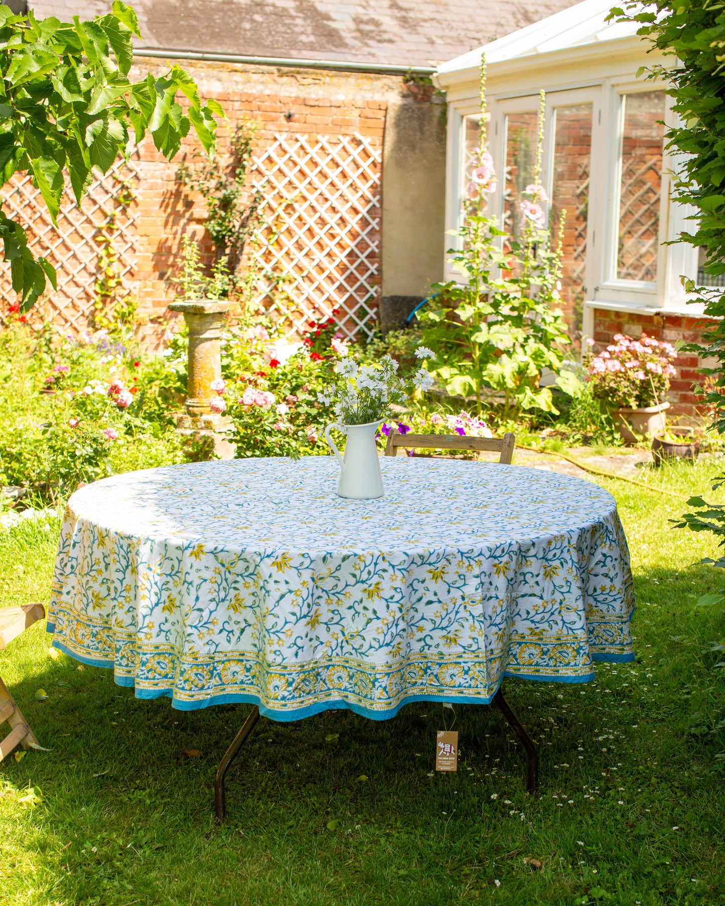 Yellow & Green Block Print Round Tablecloth