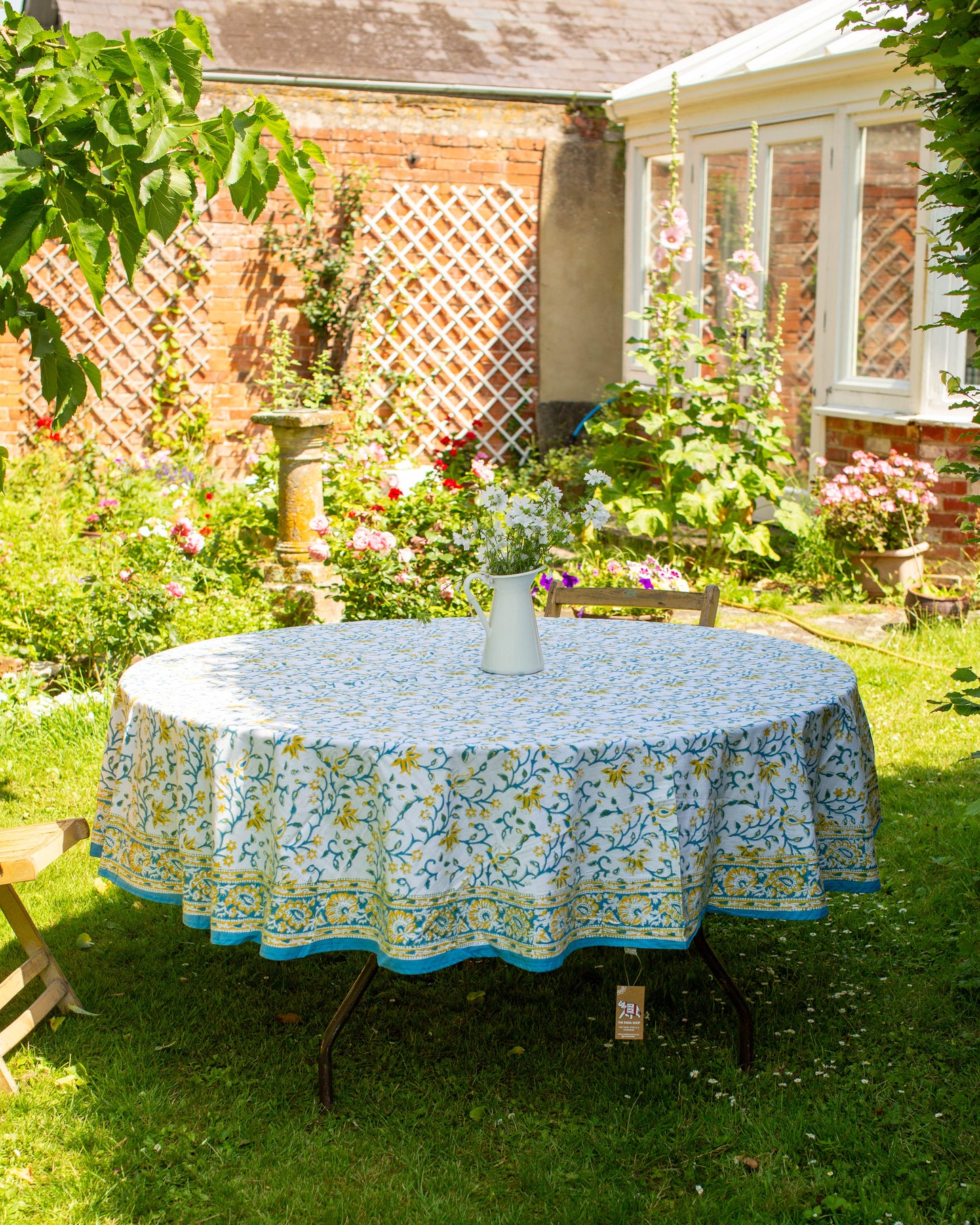 Yellow & Green Block Print Round Tablecloth
