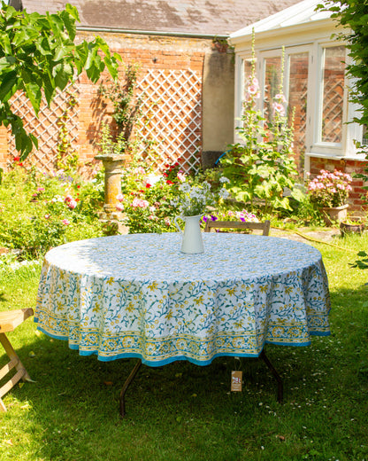 Yellow & Green Block Print Round Tablecloth