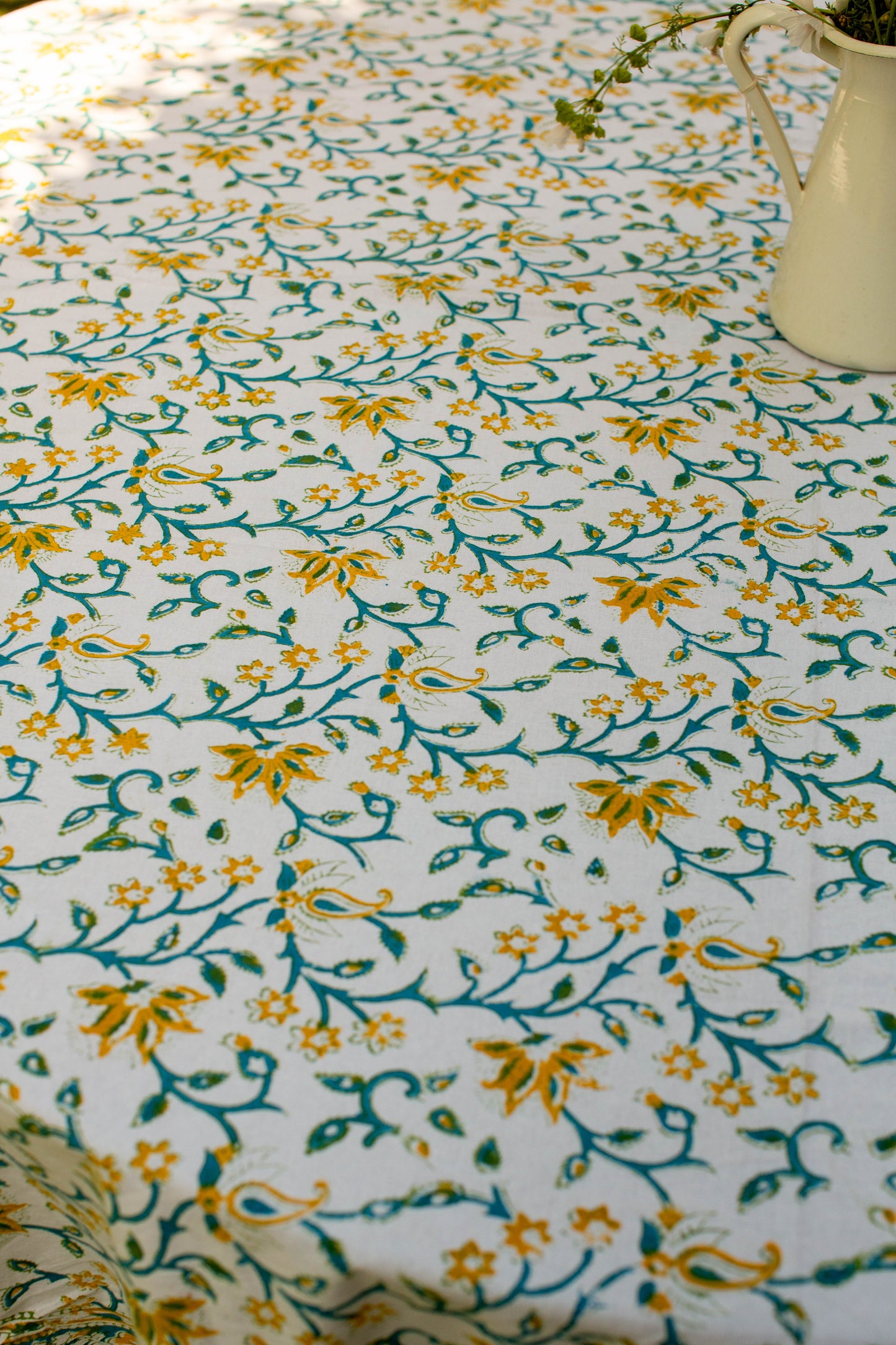Yellow & Green Block Print Round Tablecloth