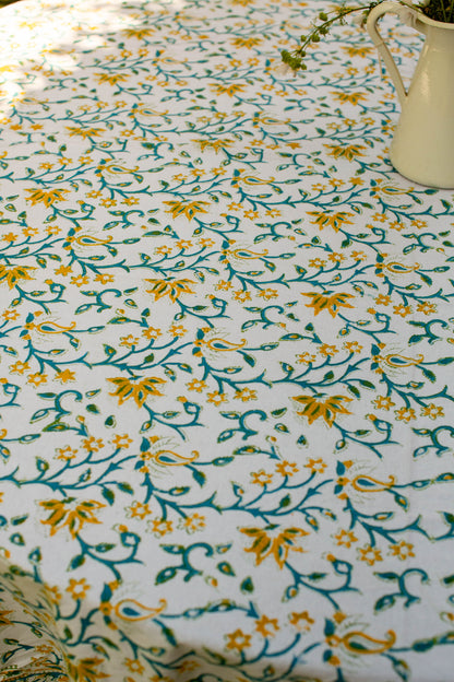 Yellow & Green Block Print Round Tablecloth