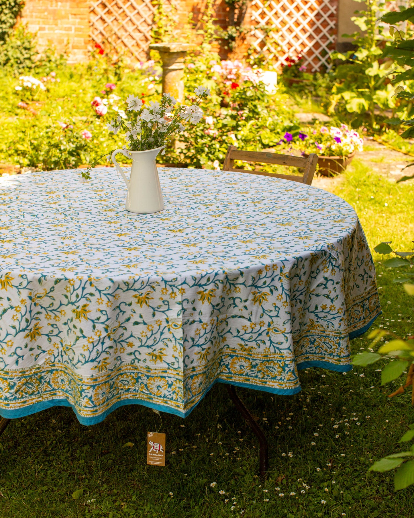 Yellow & Green Block Print Round Tablecloth