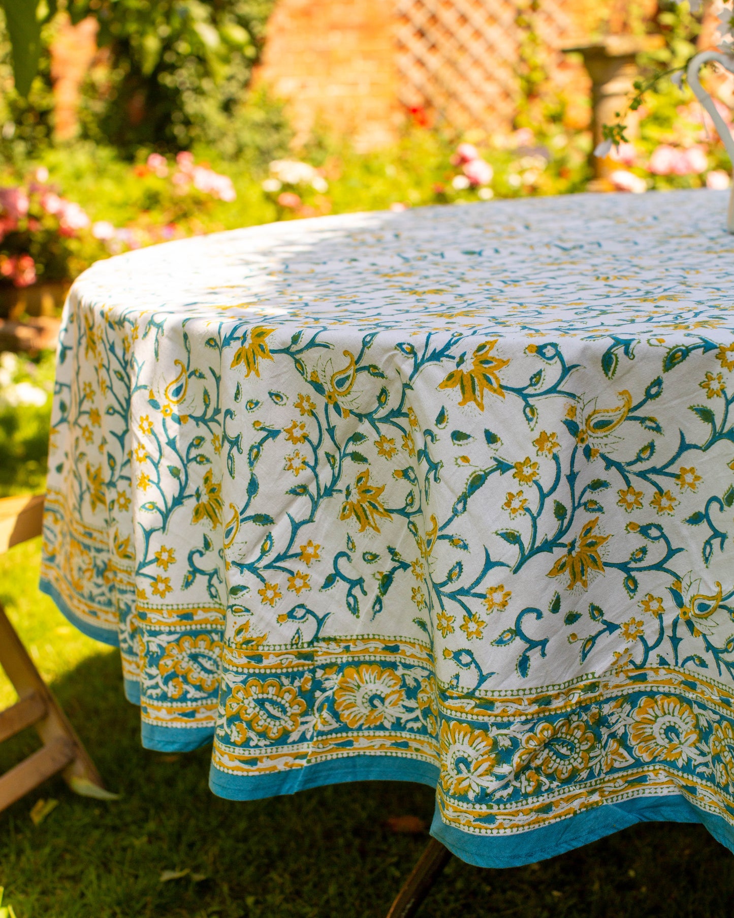 Yellow & Green Block Print Round Tablecloth
